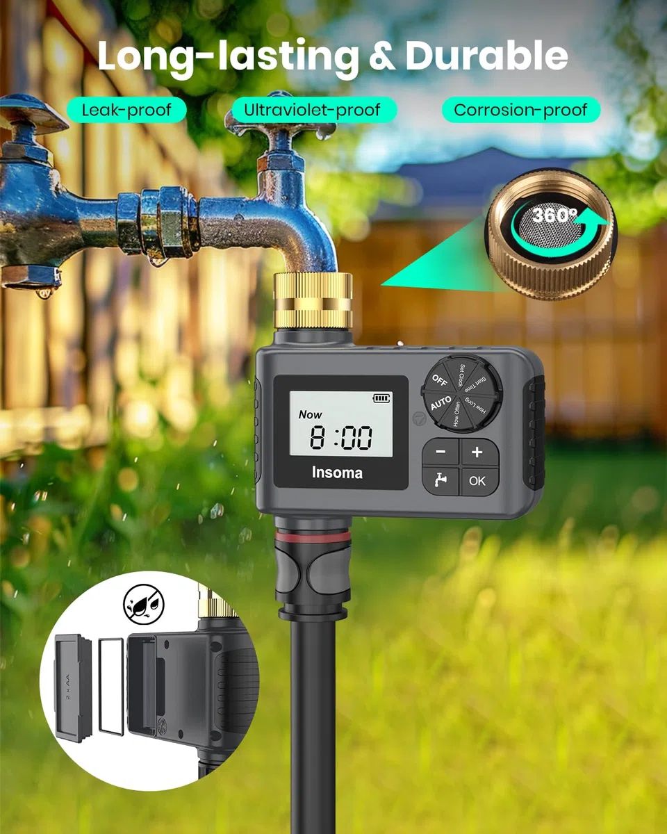 [Verbesserte Version] Sprinkler-Timer mit Messing-Drehgelenk, programmierbare Wasser-Timer für Gartenschlauch im Freien, Schlauch-Timer mit Regenverzögerung/manuell/Auto-Modus, Tropfbewässerung und