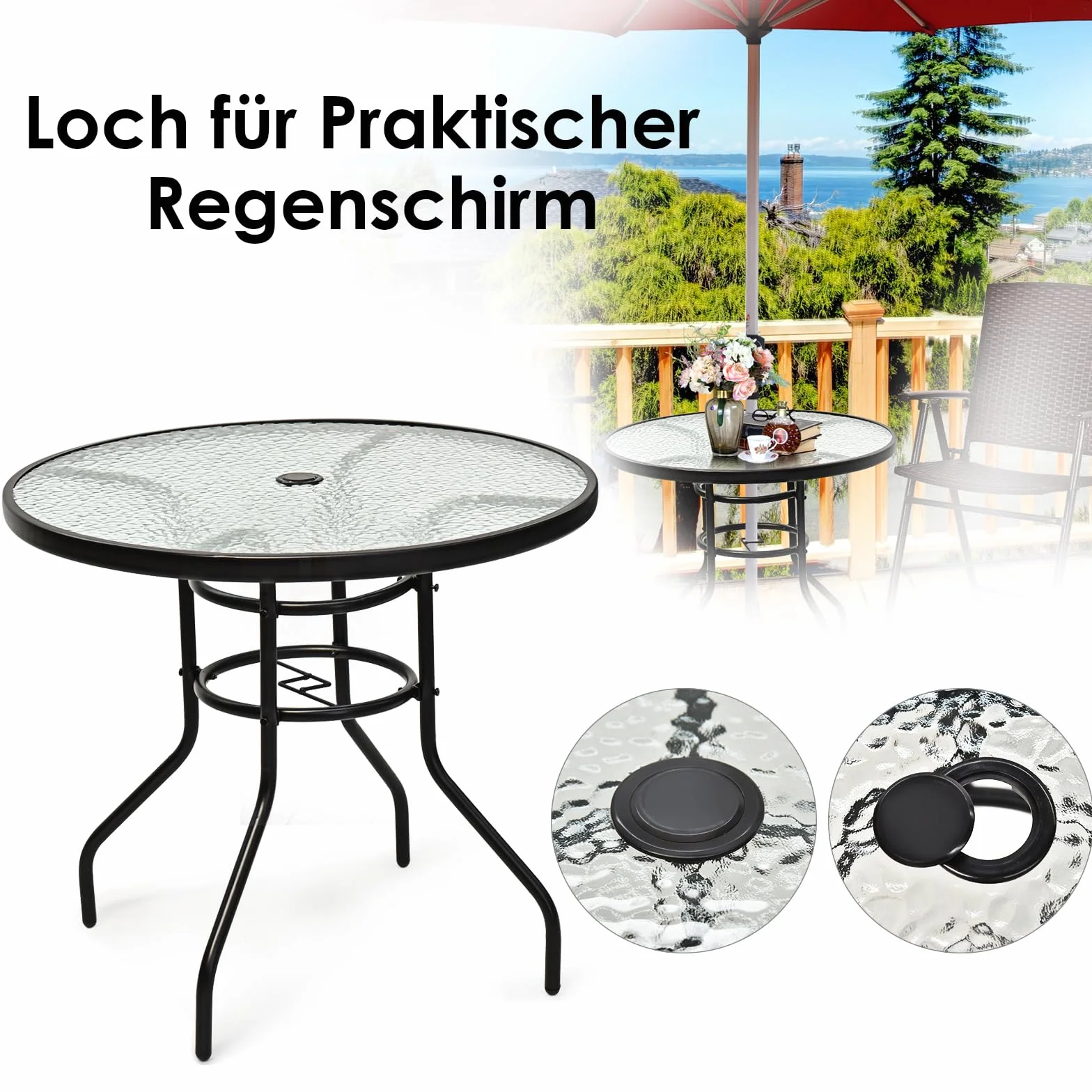 GOPLUS Gartentisch mit Schirmloch, Balkontisch mit Glasplatte & Metallrahmen, Terrassentisch Beistelltisch Bistrotisch Glastisch Esstisch für Garten & Terrasse (Rund)