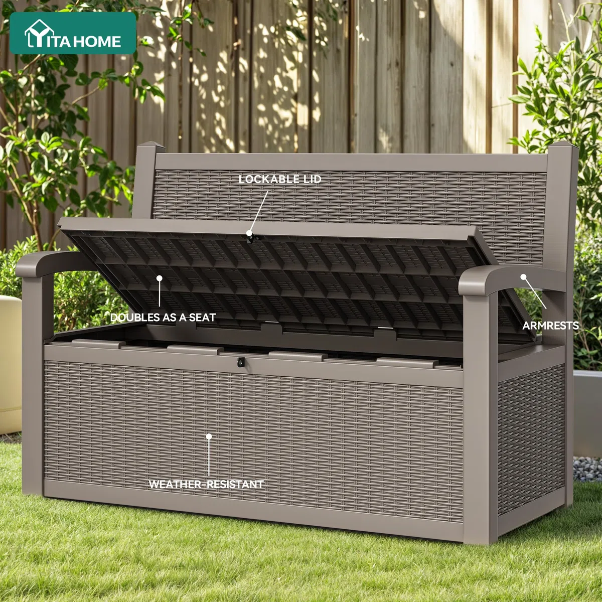 YITAHOME Aufbewahrungsbox mit 270L Fassungsvermögen, Allwetter-Resin Gartenbank mit abschließbarem Deckel, Gartenaufbewahrung für Terrassenmöbel, Kissen, Werkzeuge und Poolzubehör,Hellbrauner-Stuhl