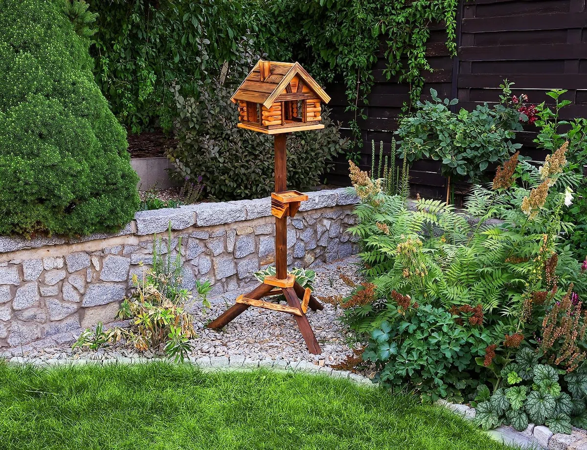 MAZUR Vogelfutterhaus aus Holz | 34,5x38x112 | Ständer | | Hand-Made | Vogelfutterspender | Vogelfutterstation | Vogelhaus | Vogelhäuschen | Kleinvögel, Gartenvögel, Singvögel, Wildvögel Wetterfest