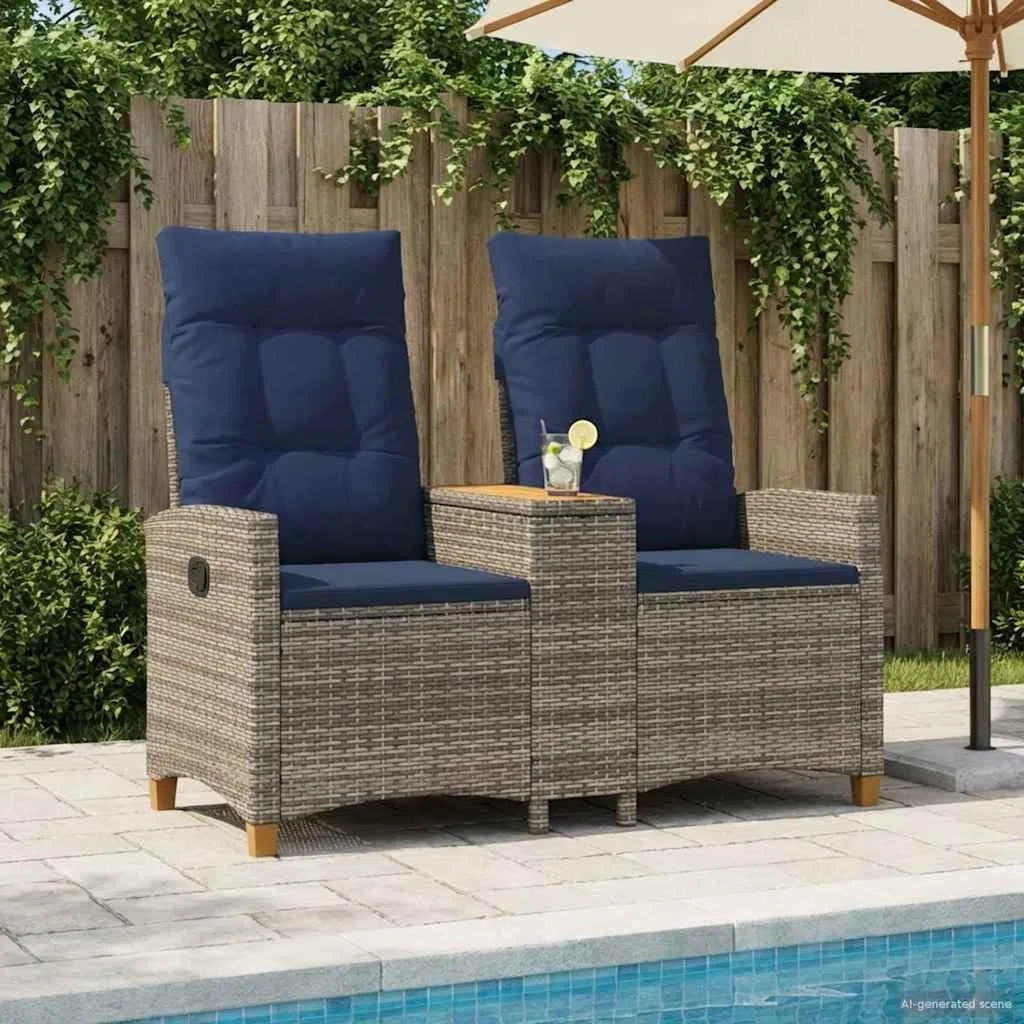 Gartenbank mit integriertem Tisch, Rattan-Liegebank mit verstellbarer Rückenlehne, Outdoor-Sitzbank aus Poly-Rattan mit Stahlrahmen, für Garten & Terrasse, Grau & Marineblau, 126 x 65 x 112 cm