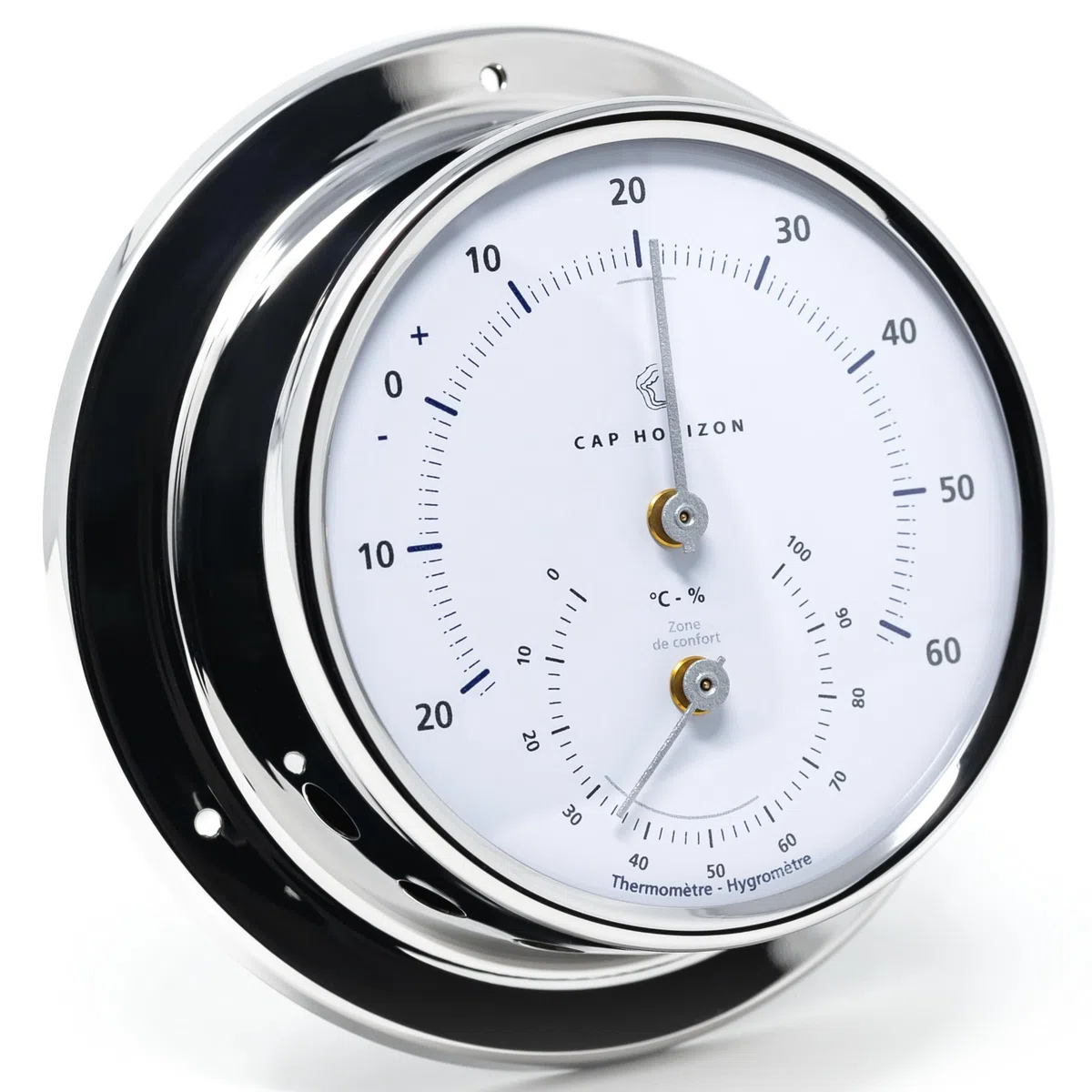 CP085TH400NX Thermo-Hygrometer, Glas, Edelstahl-Gehäuse poliert | Messbereich 0-100 % r. F., Luftfeuchtigkeitsmesser, Thermometer, maritimes Design, 11 cm Durchmesser, Made in Germany