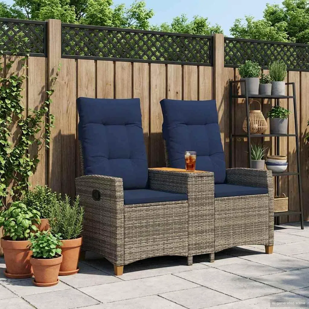 Gartenbank mit integriertem Tisch, Rattan-Liegebank mit verstellbarer Rückenlehne, Outdoor-Sitzbank aus Poly-Rattan mit Stahlrahmen, für Garten & Terrasse, Grau & Marineblau, 126 x 65 x 112 cm