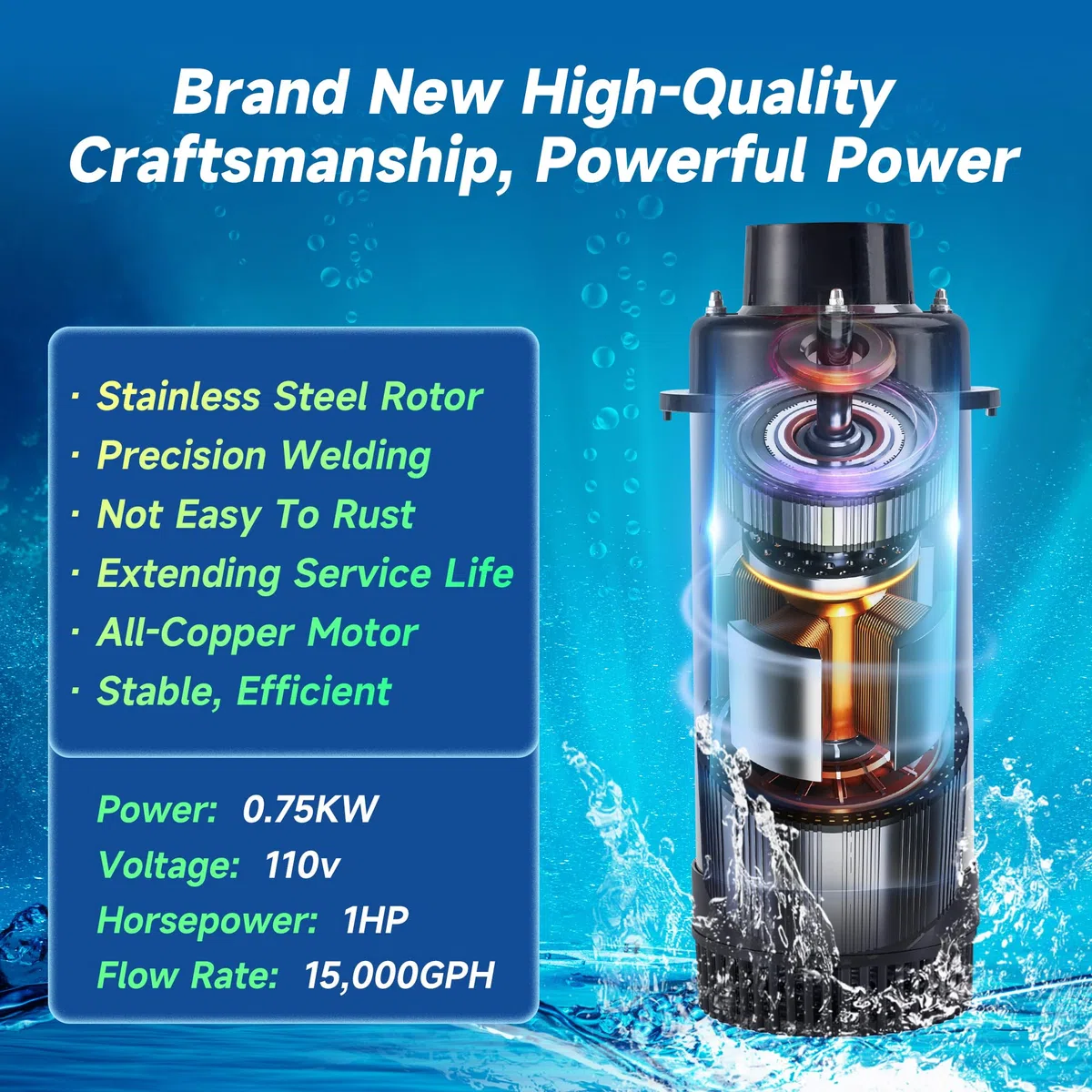 RELIY - Teichbelüfter, 1 HP 110 V, 15000 GPH, vollautomatisches schwimmendes Seebrunnen, 100 Fuß Netzkabel, 2 x 100 Fuß Zugseil, Edelstahl
