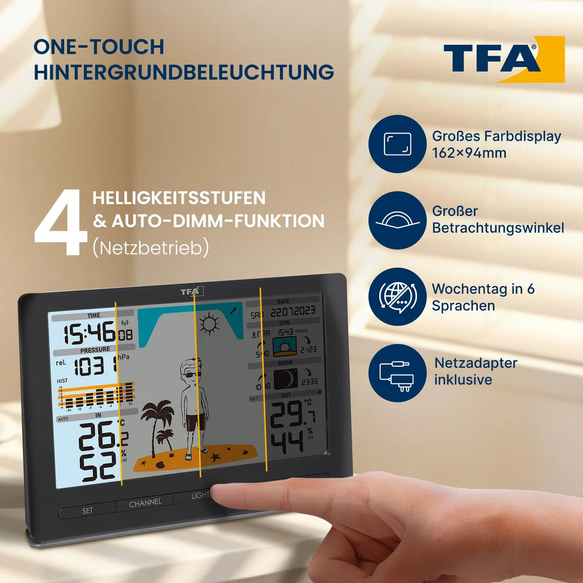 TFA Dostmann Funk Wetterstation METEO JACK, 35.1097.01, mit Außensensor, inkl Wettervorhersage mit Luftdruck, Mondphase, Sonnenaufgang- & -untergang, Funkuhr, Amazon Exklusiv, schwarz