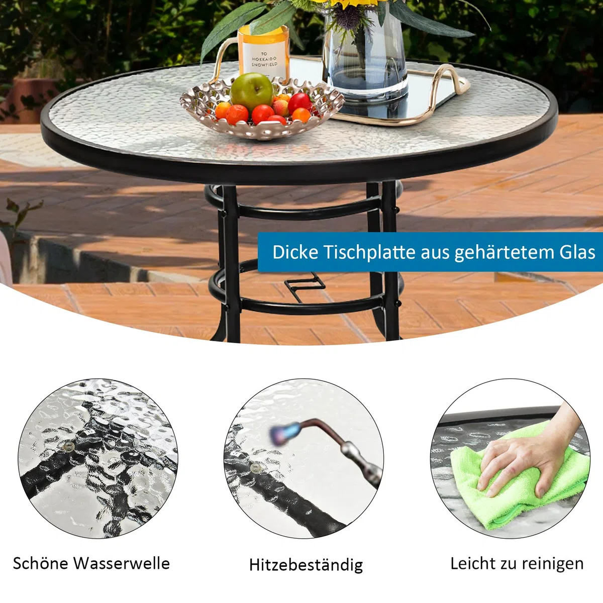 GYMAX Gartentisch rund 80 cm, Balkontisch klein mit Schirmloch, Beistelltisch Outdoor Wetterfest mit Glasplatte & Metallgestell, Terrassentisch für Balkon & Garten