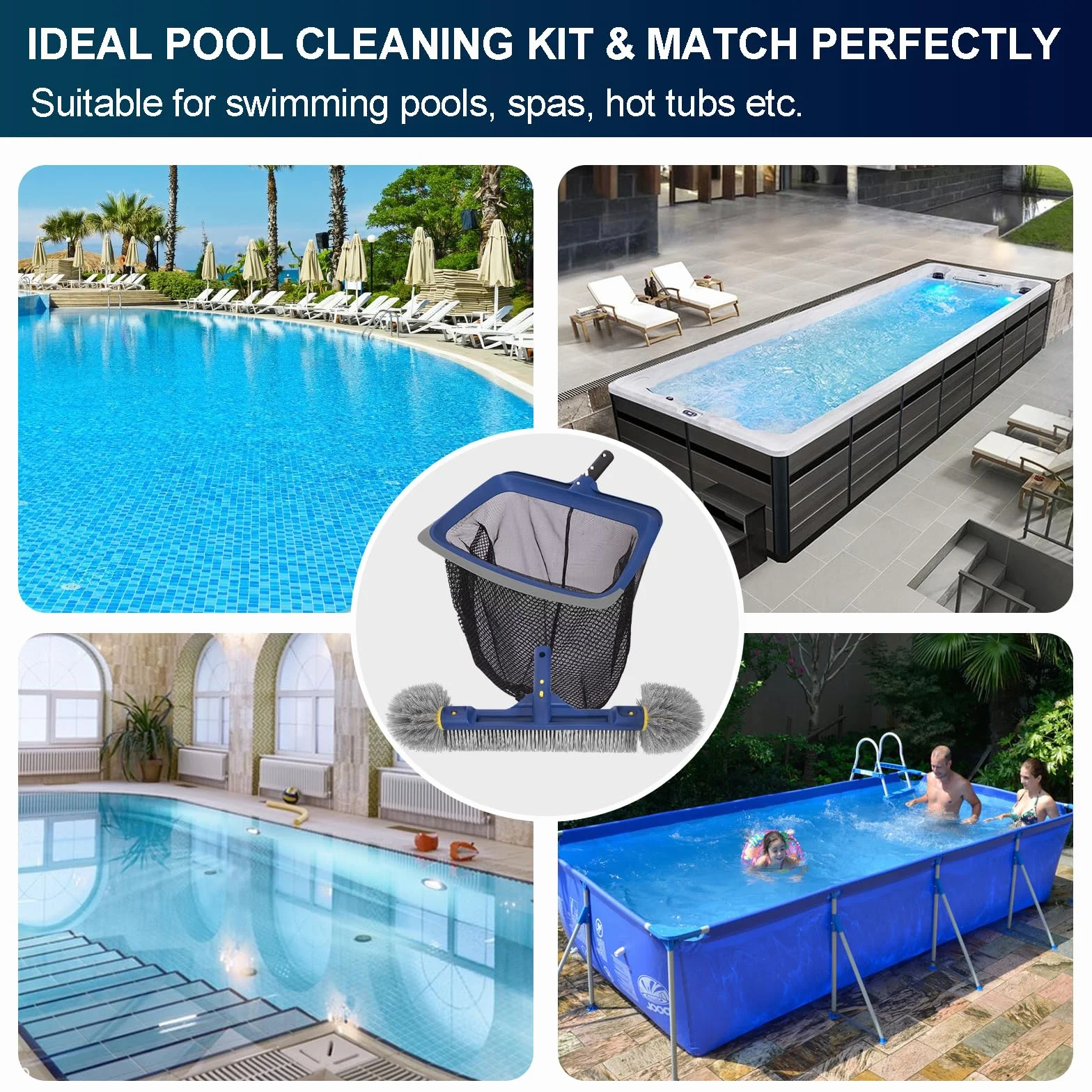 POOLAZA Pool Reinigungsset, feinmaschiges Pool Kescher Netz & Poolbürste mit runden Enden zum Reinigen, Pool Kescher stabilem Rahmen & 46cm Bürste integriertem Griff, passend für Standard Stange