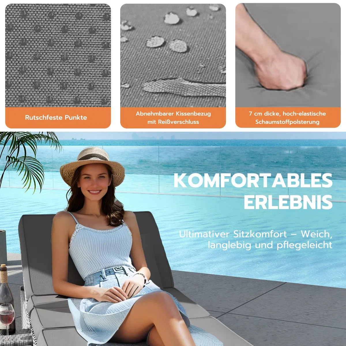 Amopatio Sonnenliege 2 Personen mit Klapptisch, XXL Wetterfest Gartenliege 200kg Belastbar, 200x160x30cm Rattan Doppelliege Gartenlounge Liegestuhl Verstellbar für Garten, Balkon & Terrasse, Grey