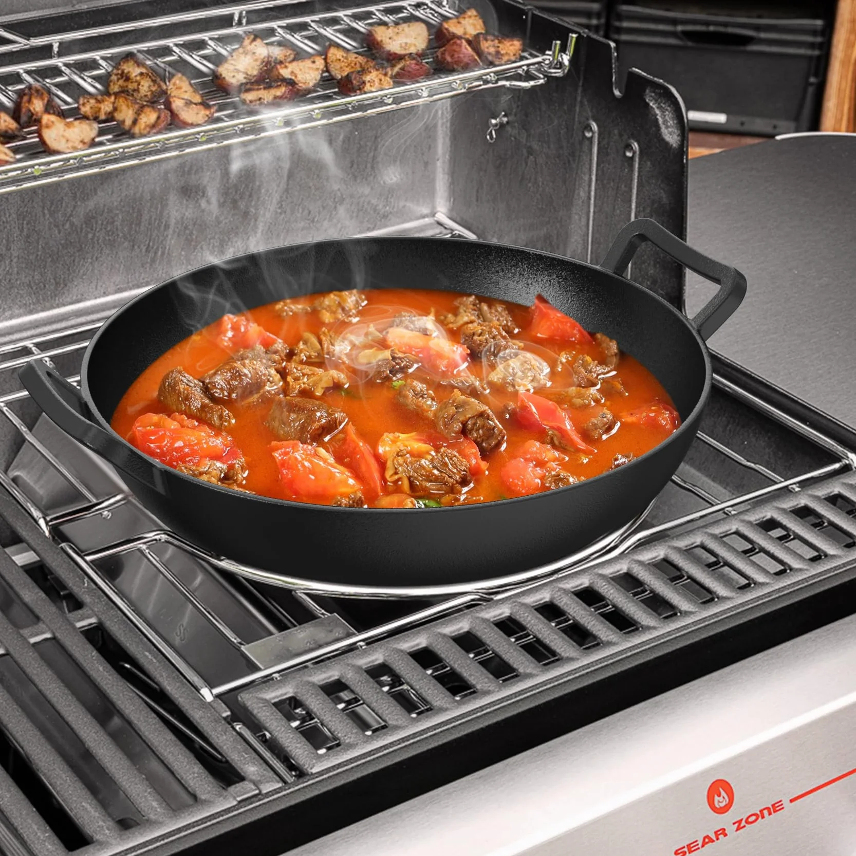 onlyfire Wok Gusseisen, Ø36cm Wokpfanne mit Griff, Gusseisenpfanne für Weber Gourmet BBQ System, Passend für Weber Spirit II & Genesis II GS4 System, BBQ Grillpfanne