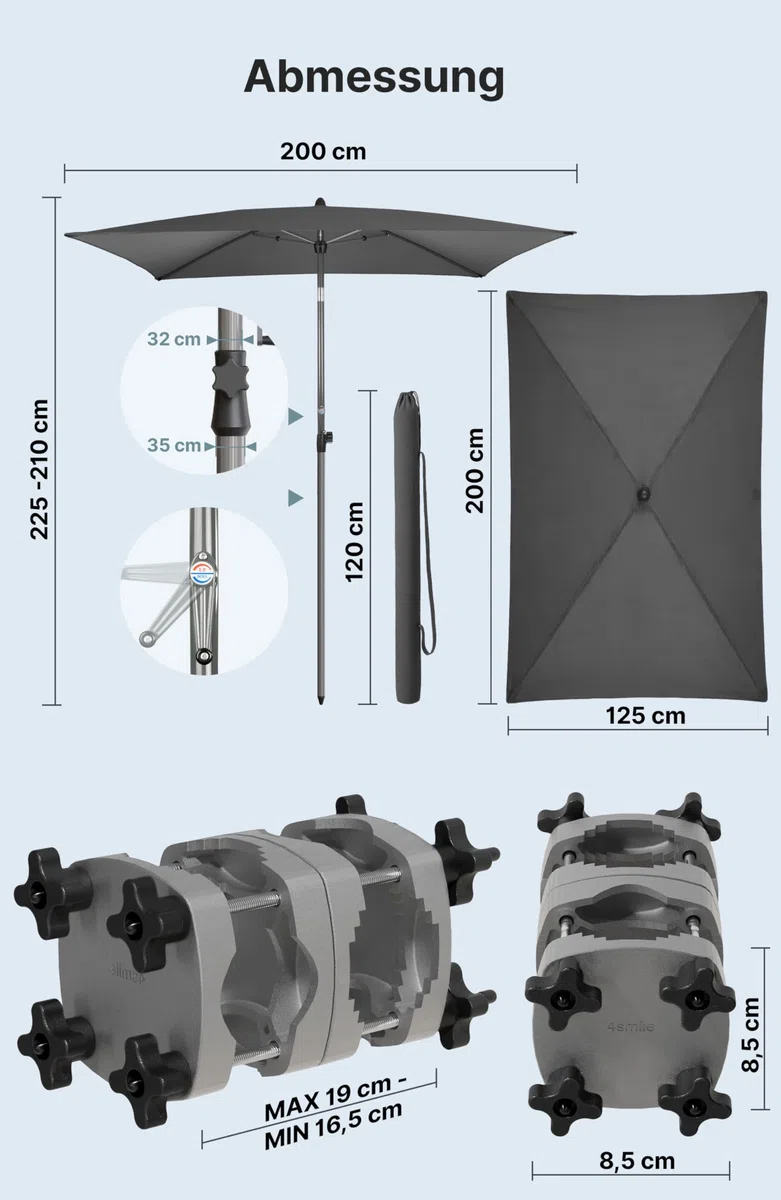Menz Sonnenschirm Balkon mit Halterung im 3-er-Set, mit Kurbel, UV 50+, 200x125 cm, Anthrazit, Sonnenschutz Balkon, Sonnenschirm rechteckig, Balkonschirm mit Sonnenschirmhalter für Balkongeländer