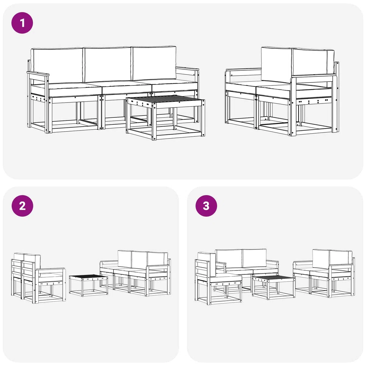 Outdoor-Sofagarnitur aus massivem Akazienholz mit Kissen 6-teilig Natur und Anthrazit, wetterbeständig, modulare Sitzgruppe mit Tisch, ideal für Garten Terrasse und entspannte Abende