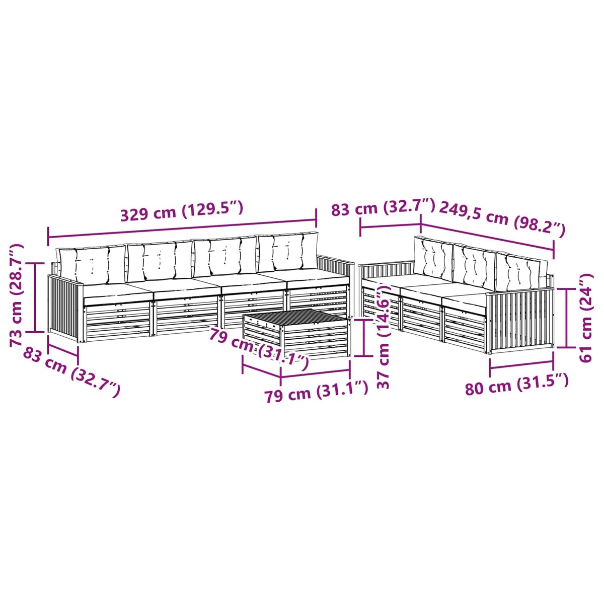 Gartenmöbelset 8-teilig aus massivem Akazienholz wetterfest Moderne Sitzgruppe für Terrasse Balkon Garten Esszimmer Wohnzimmer mit Tisch, Sofas, Stühlen, Kissen, modular, langlebig