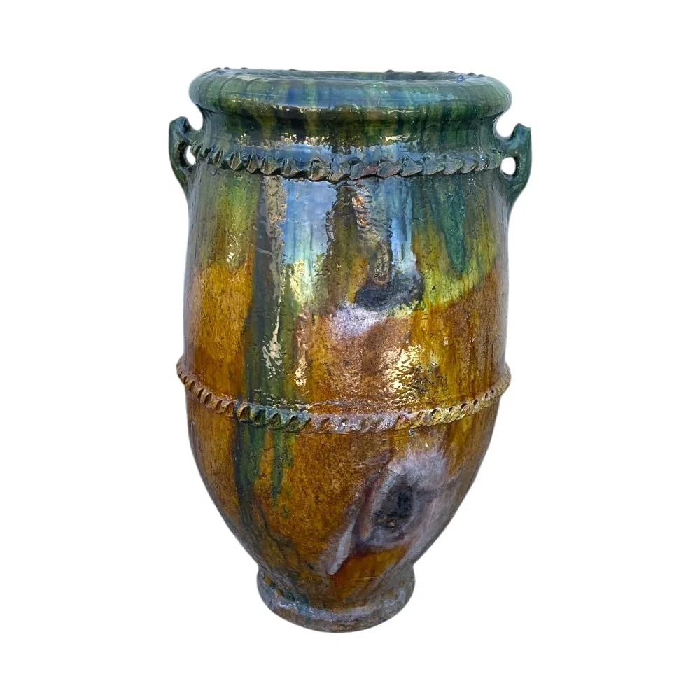 Marokkanische Vase Tamegroute, Amphore, handgefertigt, aus Keramik, Grün und Ocker, 38 x 38 x 62 cm