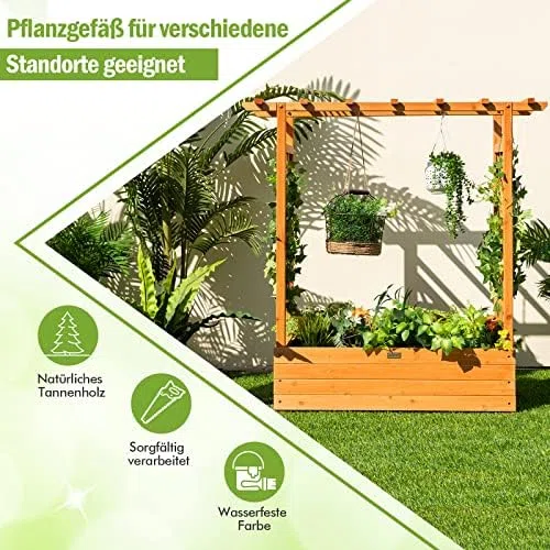 FANTASK Hochbeet mit Rankgitter & hängendem Dach, Pflanzkasten mit Rankhilfe, Blumenkasten für Kletterpflanzen & hängende Körbe 110 x 44 x113.5cm, Orange