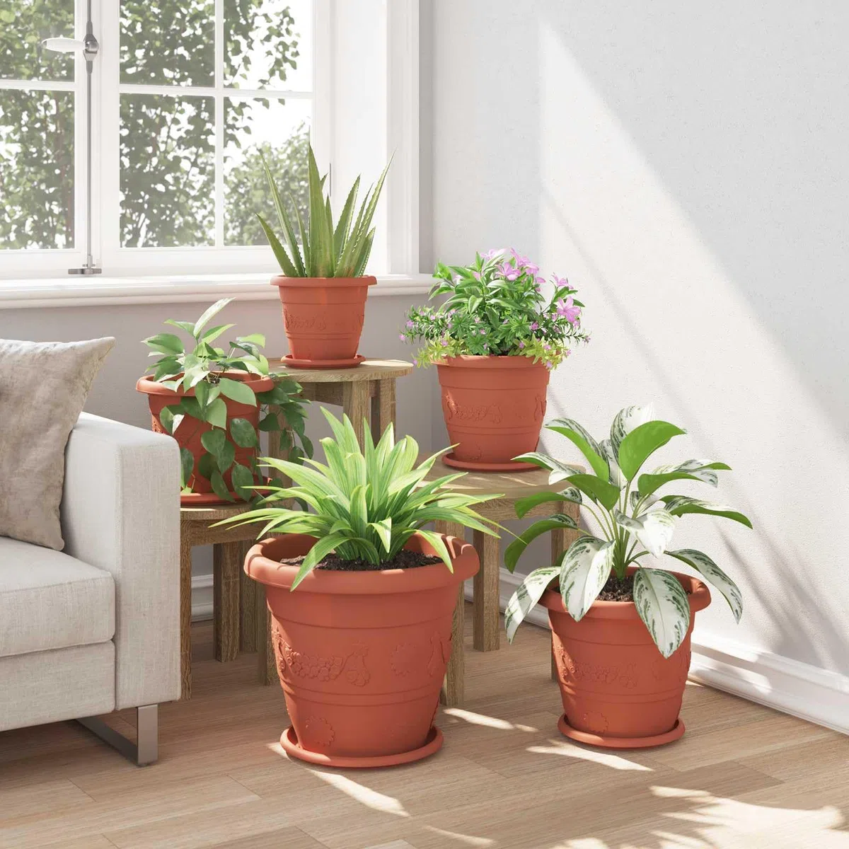 24er Set Blumentöpfe Ø 39 cm Ziegelrot, Moderne Pflanzkübel aus Kunststoff für Außen und Innen, Große Runde Pflanzgefäße mit Drainage für Garten Terrasse Balkon, 39x32 cm
