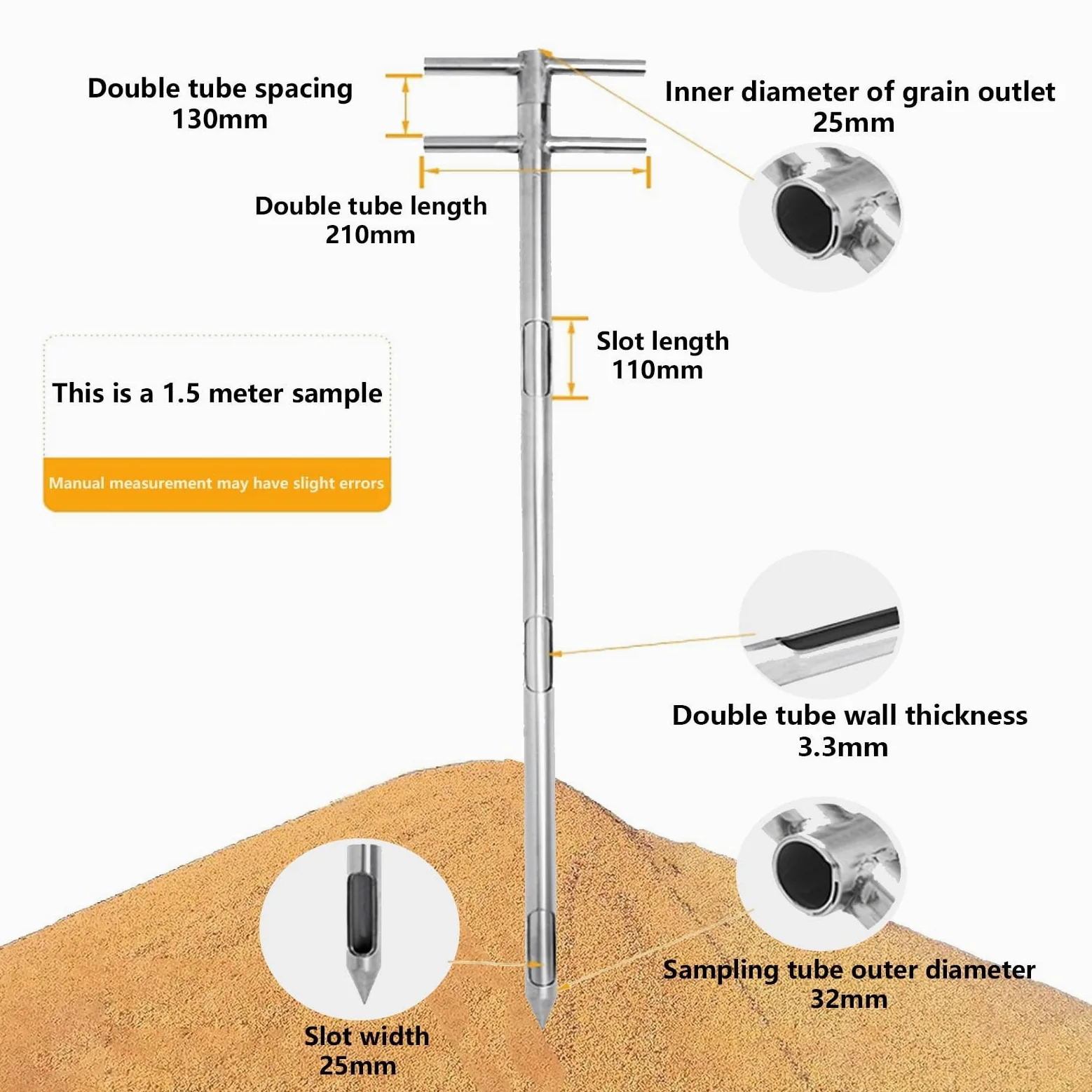 Edelstahl-Probenahmesonde für genaue Korn- und Pulversammlung, 2 m x 32 mm, Forschungsgeräte für Pulveranalyse