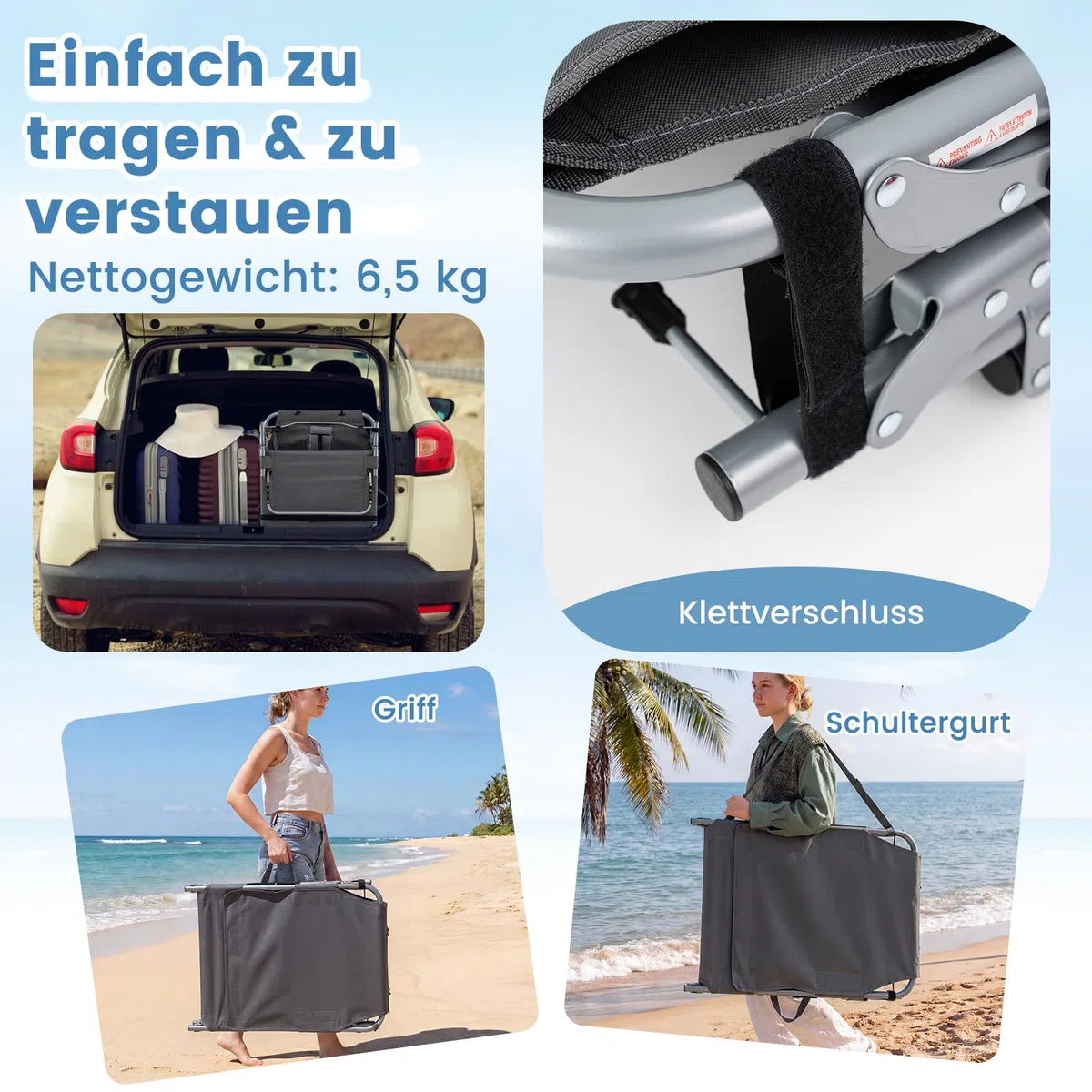 COSTWAY Sonnenliege mit Loch für Kopf und Arme, Faltbare Gartenliege mit Verstellbarer Rückenlehne und Fußteil, abnehmbarem Kissen, Seitentasche, Liegestuhl für Strand, Garten, Balkon (Grau)