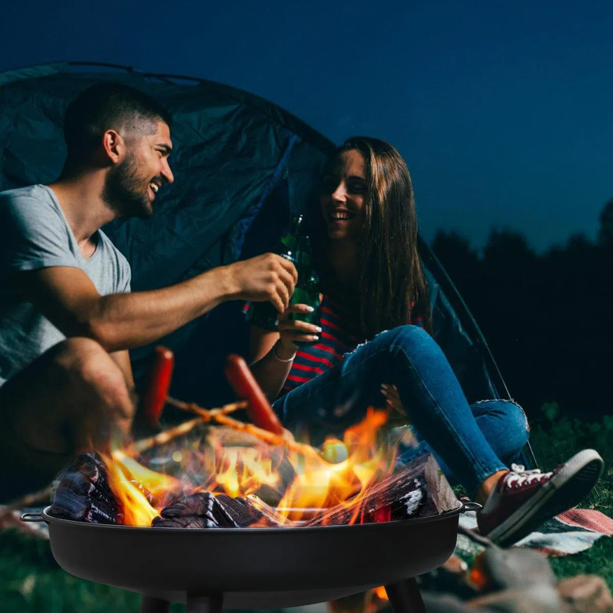 Herrselsam Feuerschale Ø 80 cm Feuerstelle für den Garten, mit 3 abnehmbaren Füßen und Griffen, Outdoor-Feuerstelle für Garten und Balkon, Stahl-Feuerstelle für Sommerpartys, Lagerfeuerheizung