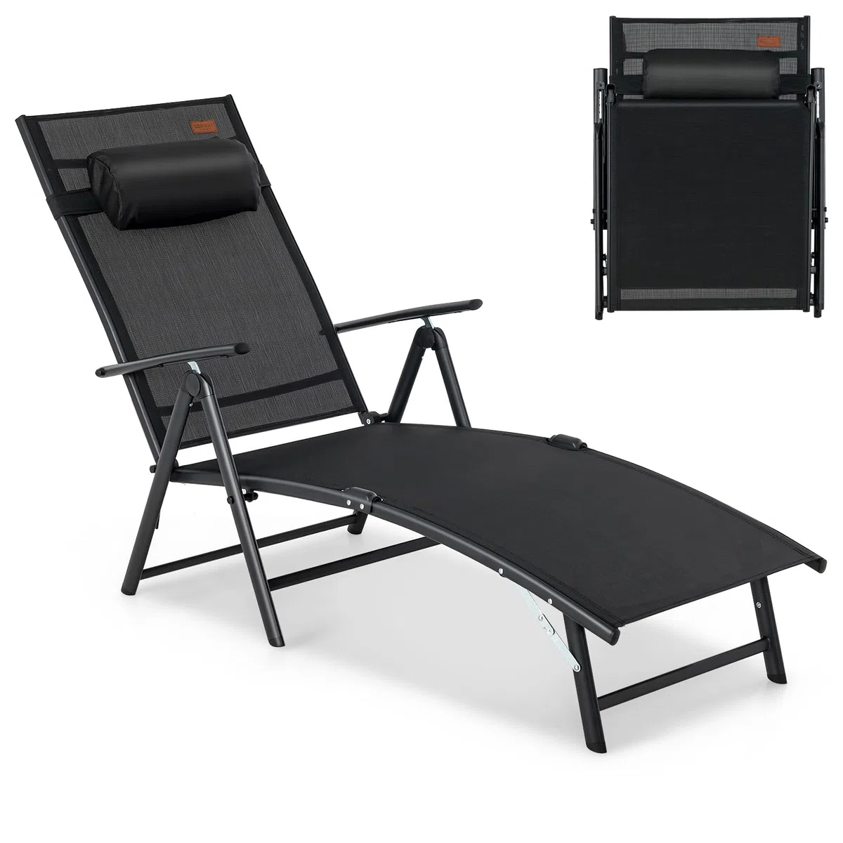 COSTWAY Sonnenliege klappbar, Gartenliege mit Kopfstütze, Armlehnen und 7 verstellbaren Rückenlehnen, Klappliege bis 150 kg belastbar, tragbarer Liegestuhl für Garten, Terrasse, Balkon, Schwarz