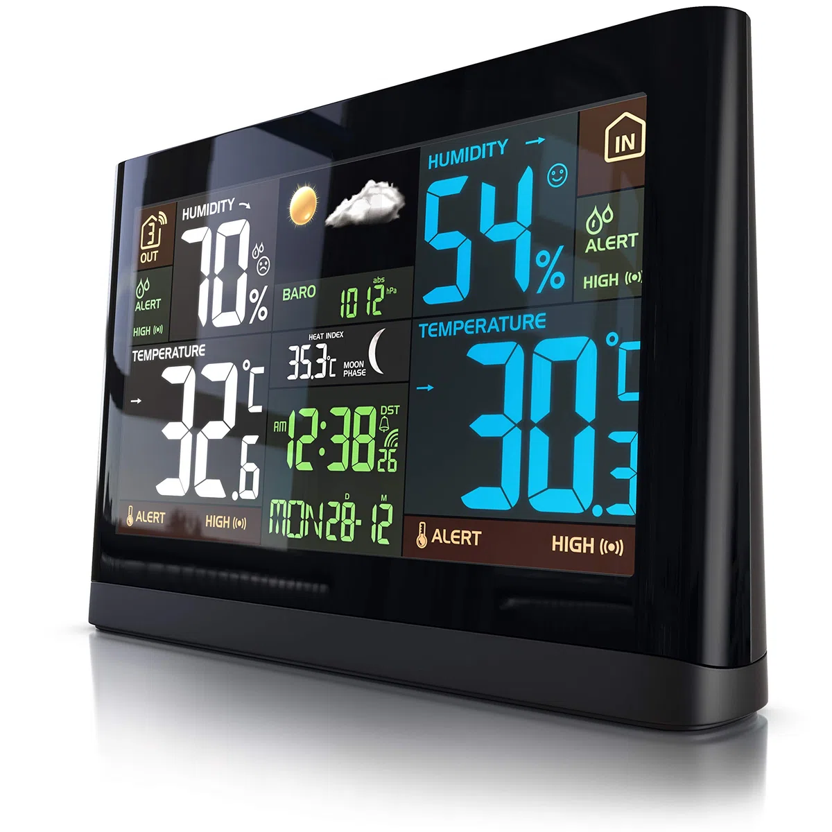 Brandson - Wetterstation Funk mit Außensensor - großes Farbdisplay - Funkuhr DCF Empfangssignal - Innen und Außentemperatur - relativer Luftdruck - Barometer - Temperaturtrend – Lichtsensor - schwarz