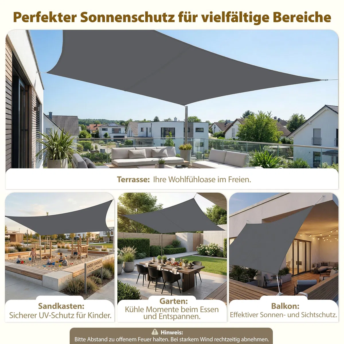 Sekey Sonnensegel Wasserdicht 3x4m Rechteckig, Sonnenschutz hochdichtes PES 160g/m² Wetterfest & Reißfest, Nahtversiegelung (Zuverlässig Dicht) & 95% UV Schutz, für Balkon Terrasse Garten, Anthrazit