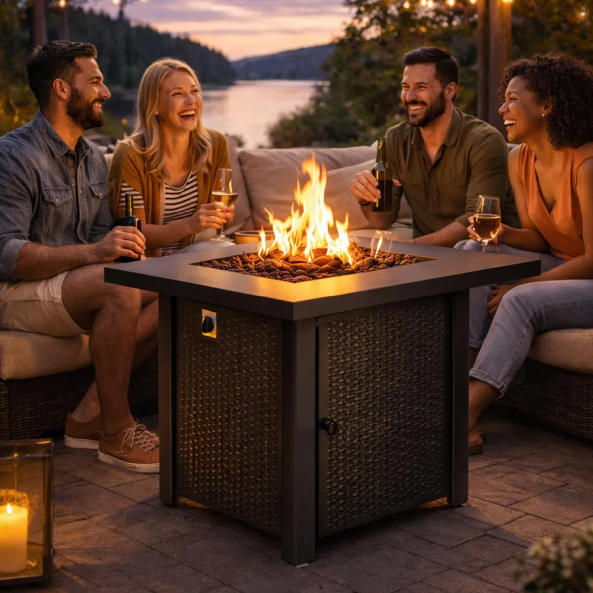 APANA Gas Feuerstelle Outdoor Feuertisch mit Gasfeuerstelle für Terrasse Balkon Garten 50000 BTU mit Lavasteinen und Abdeckhaube
