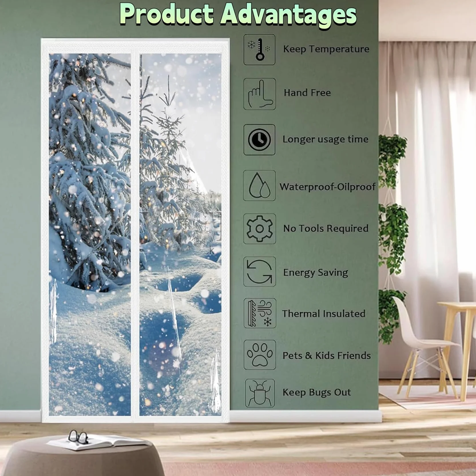 Magnet Wärmeschutzvorhang für Türen 300 x 195 cm Winddichter Thermisch Winter, Wasserdicht Schalldämmender, Isolierter Türvorhang Thermo für Terrassentür/Balkontür, A