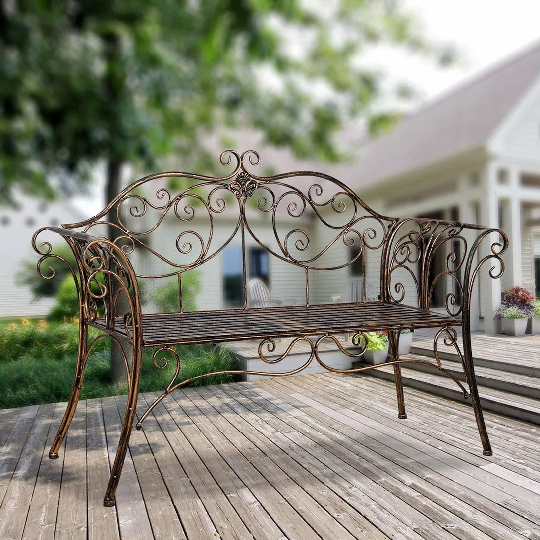 HLC Gartenbank Metall Sitzbank mit Rückenlehne & Armlehne Eisenbank für 2-3 Sitzer Ruhebank Retro-Stil Bank für Garten Park Balkon (Bronze)