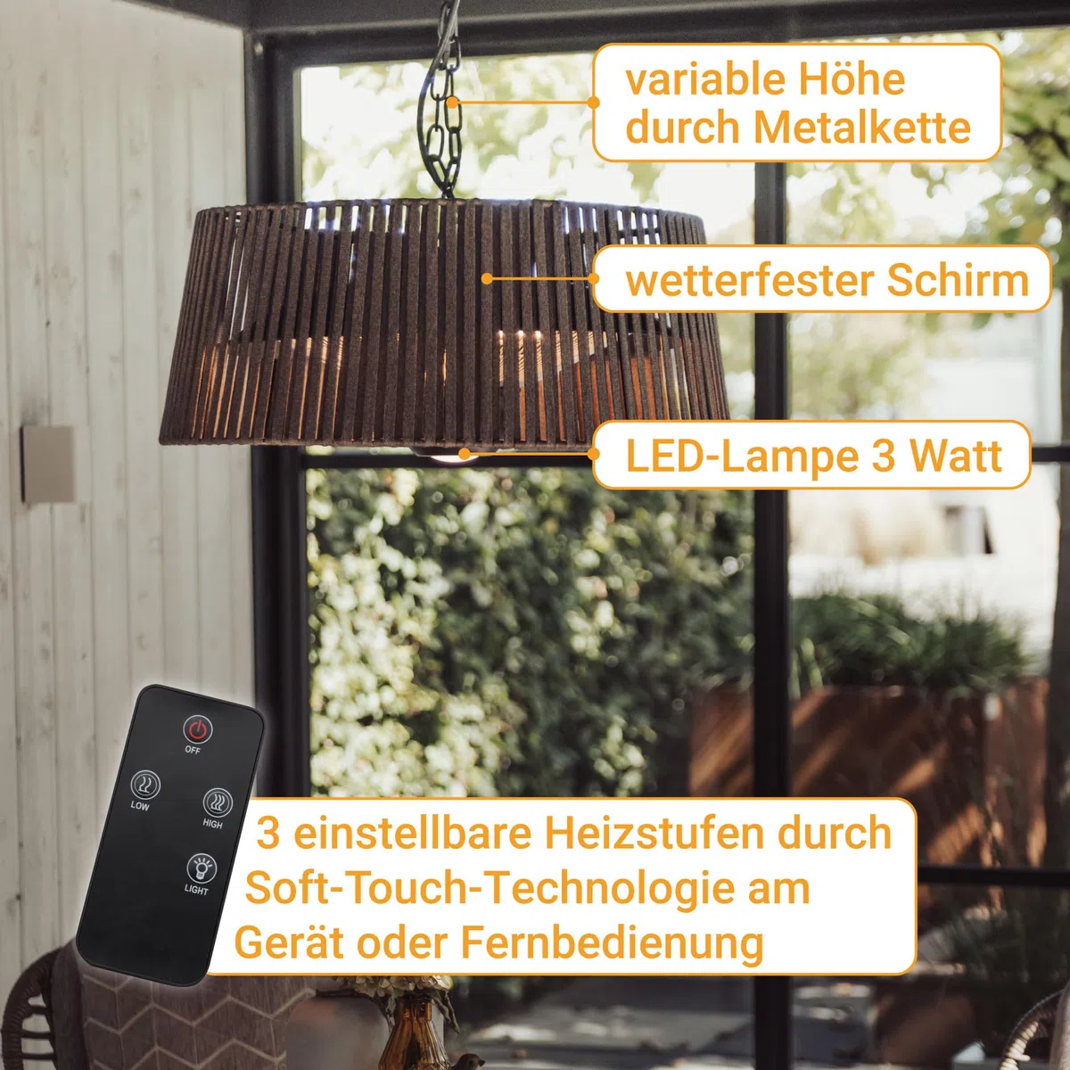 SUNRED Infrarot-Hängeheizstrahler Terasse braun mit OLEFIN-Schirm und LED-Lampe Deckenmontage 1800 W - Terrassenheizer außen 3 Heizstufen, Fernbedienung Deckenmontage widerstandsfähiges Olefin-Gewebe