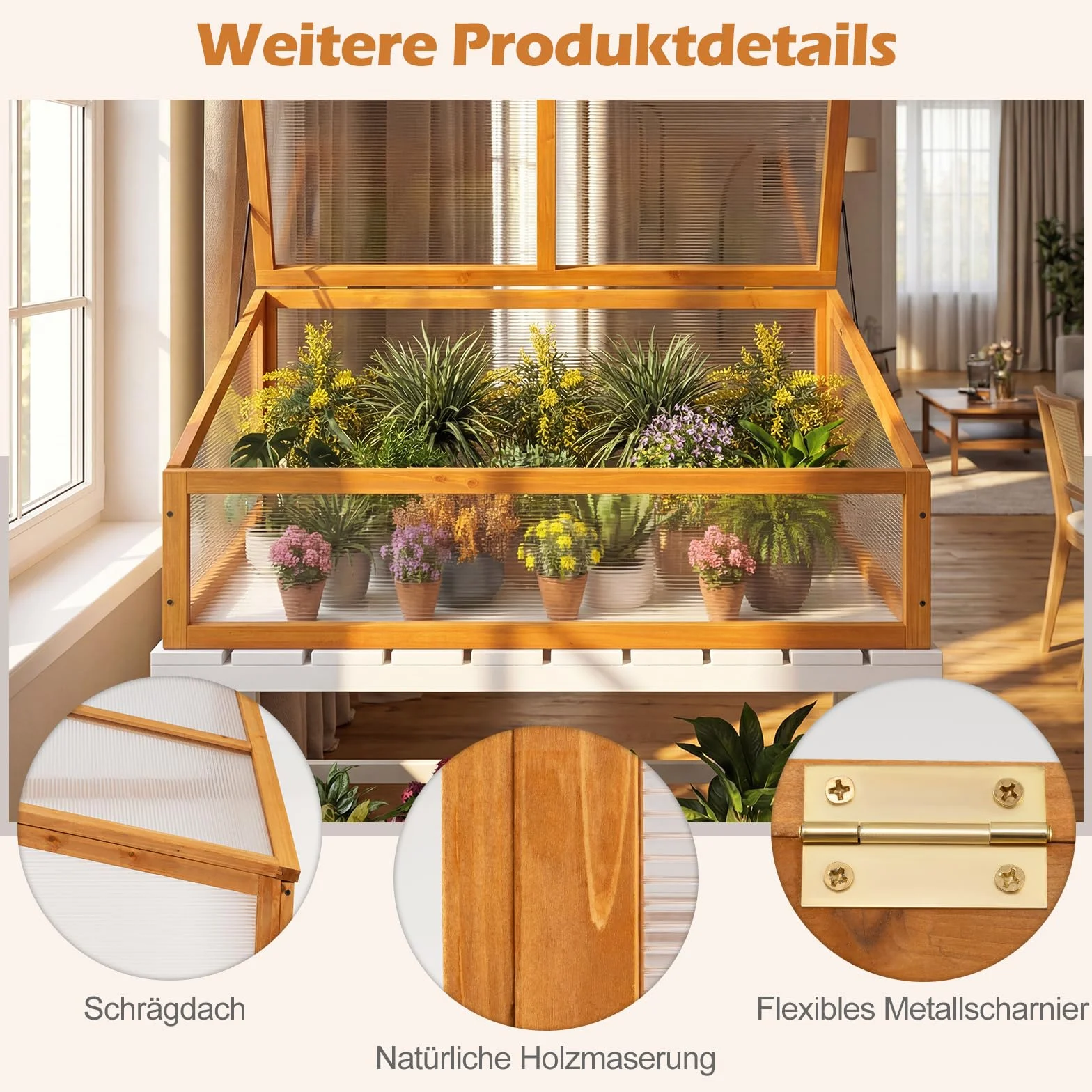 COSTWAY Frühbeet Gewächshaus, mini Treibhaus, Frühbeetaufsatz, Hochbeet Abdeckung, Frühbeetkasten Aufsatz für Garten, Terrasse & Balkon, 94 x 63 x 40 cm (Orange)
