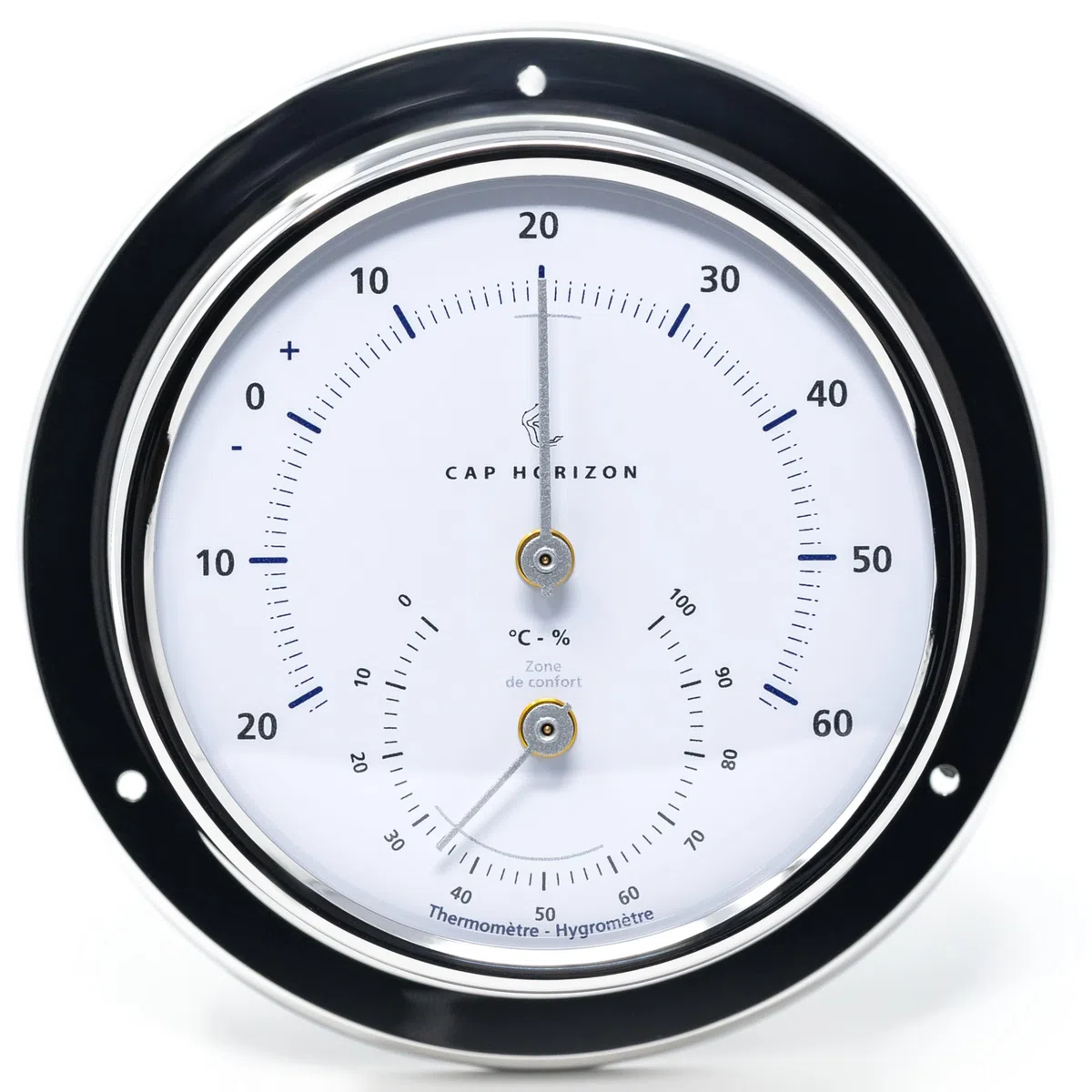 CP085TH400NX Thermo-Hygrometer, Glas, Edelstahl-Gehäuse poliert | Messbereich 0-100 % r. F., Luftfeuchtigkeitsmesser, Thermometer, maritimes Design, 11 cm Durchmesser, Made in Germany