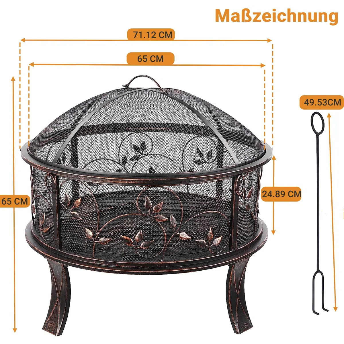 TLGREEN Feuerschalen, Feuerschale mit Funkenschutz, Feuerkorb Ø71x65cm | Feuerkorb Retro-Look mit Poker & Kohlerost & 4PCS Füße, Feuerstelle für Garten, Camping, Strand, Exquisites Blumen Grasmuster
