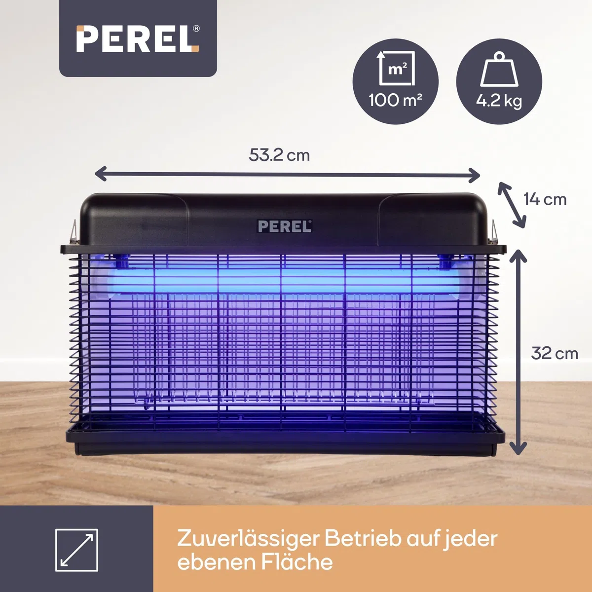 Perel Elektrischer LED UV Insektenvernichter, 3000V Hochspannungsgitter, IPX4 spritzwassergeschützt, abnehmbare Auffangschale, 100 m² Abdeckung, leistungsstark für Innen und Außen