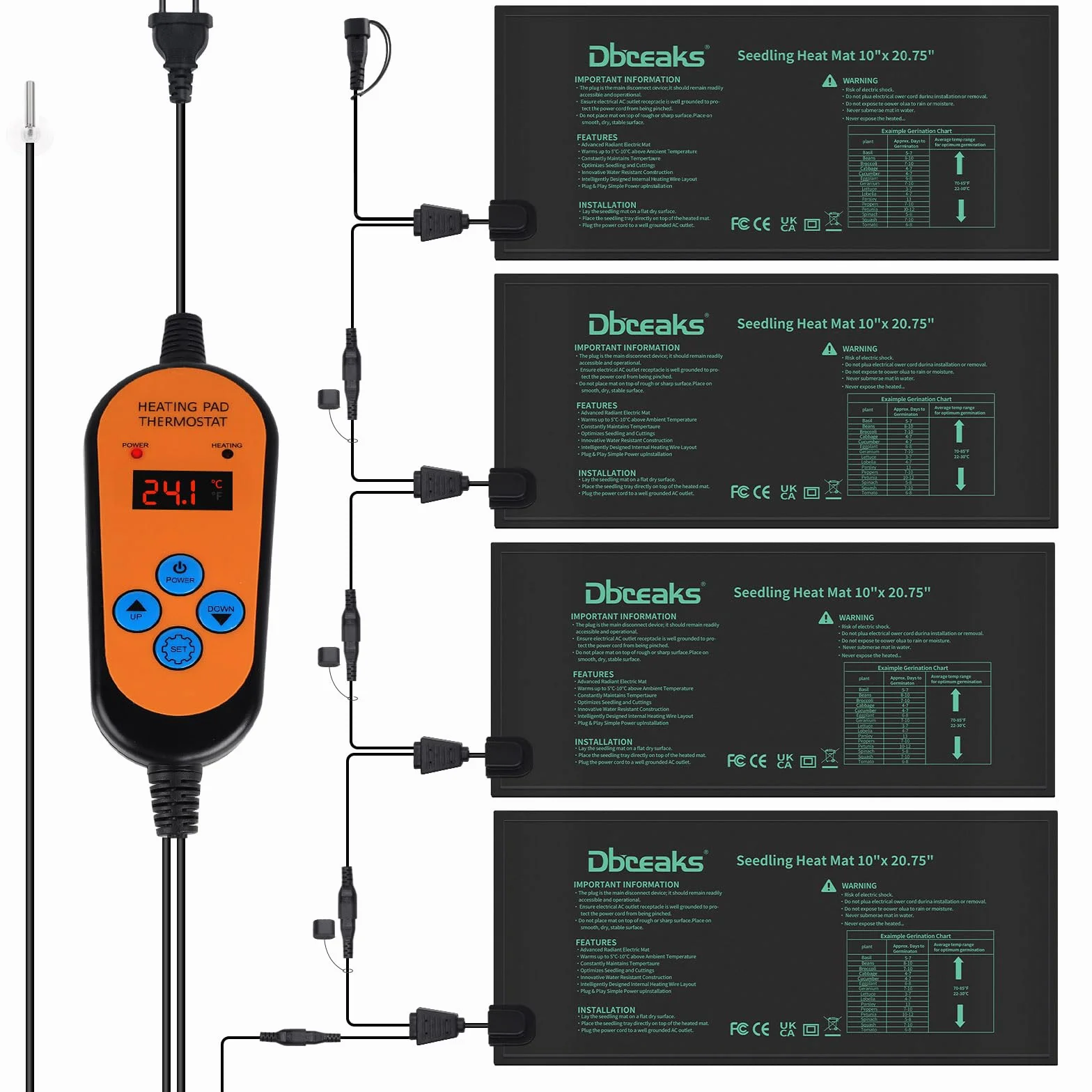 DBREAKS Heizmatte mit Thermostat, 30W Zimmergewächshaus Wärmematte, 4 Heizmatten mit 1 Controller, IP67 Gewächshaus Wärmematte Wasserdicht, Heizmatte Pflanzen mit Thermostat Digitales für Sämling