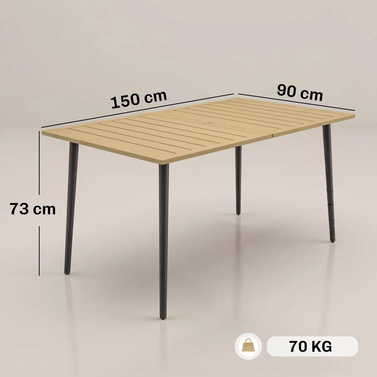 Outsunny Gartentisch 150x90cm Wetterfest Balkontisch mit Schirmloch Braun | Aus Stahl, Lamellendesign, Outdoor Campingtisch, Beistelltisch, Rechteckig, Terrassentisch für Garten Balkon