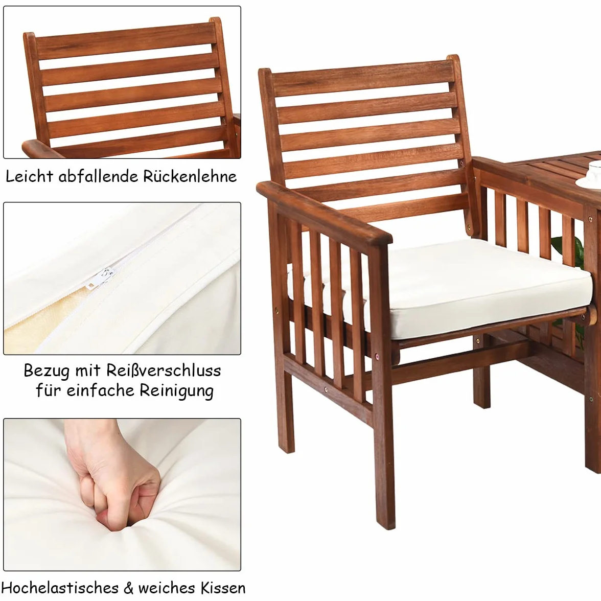 COSTWAY Gartenbank mit Tisch, 2-Sitzer Holzbank mit Sitzkissen & Schirmloch, Sitzbank aus Akazienholz bis 350 kg belastbar, Terrassenbank für Balkon, Garten, Terrasse, 165 x 65 x 88 cm