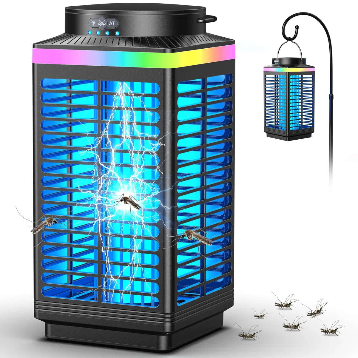 Bug Zapper Outdoor Kabellos, 4200V Elektrischer Mückenzapper mit LED Blaulicht, 3 in 1 Tragbarer & Wiederaufladbarer Bug Zapper Outdoor Wasserdicht IP67, Kabelloser Hängender Fliegenvernichter für
