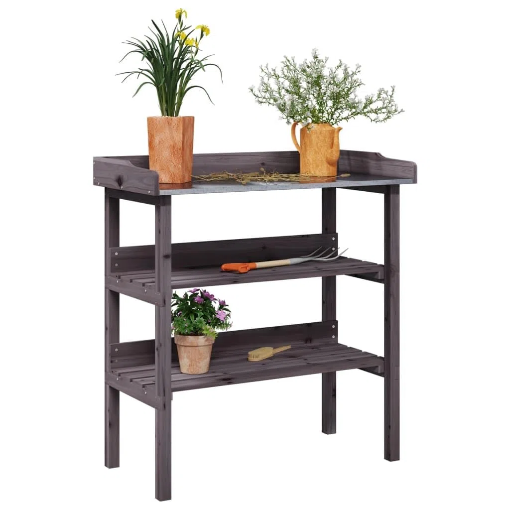 vidaXL Pflanztisch mit Ablagen, Gärtnertisch mit verzinkter Tischplatte, Blumentisch für Terrasse Garten, Gartenarbeitstisch, Grau Massivholz Tanne
