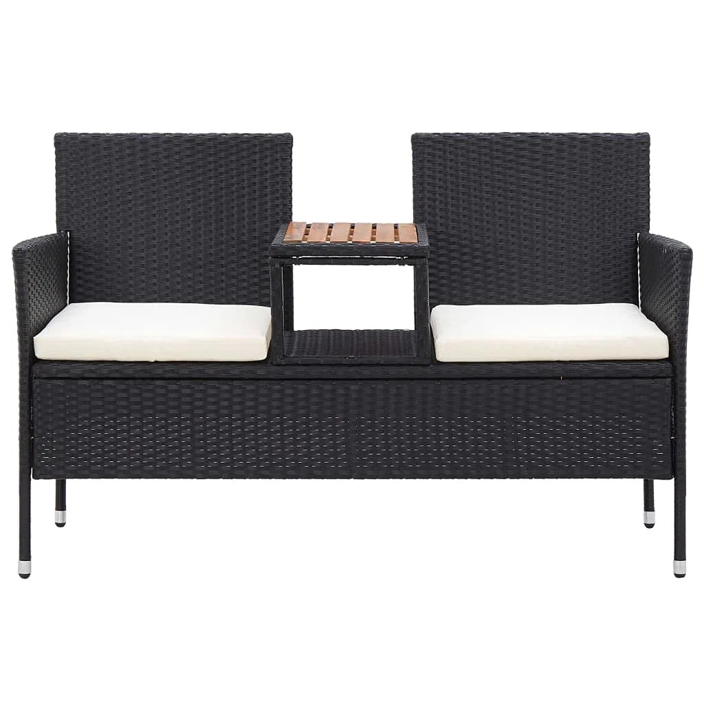 2-Sitzer Gartenbank mit Teetisch 143 cm Poly Rattan Schwarz Sitzbank mit integriertem Tisch und Sitzkissen für Balkon Terrasse Garten Lounge-Bank Zweisitzer Akazienholz