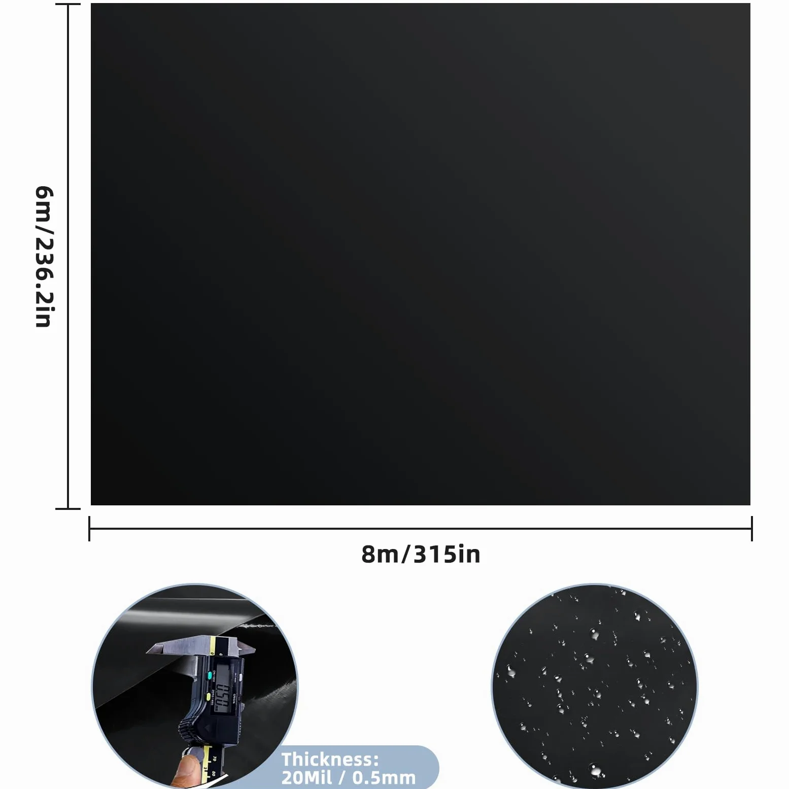 Premium PVC Teichfolie 6M X 8M, Schwarz HDPE Teichfolien Schwerlast, Dichtungsfolie Teichmembran Schwimmteich Folie Gartenteich Teichplane für Fischteiche, Brunnen, Wassergarten, Wasserfall
