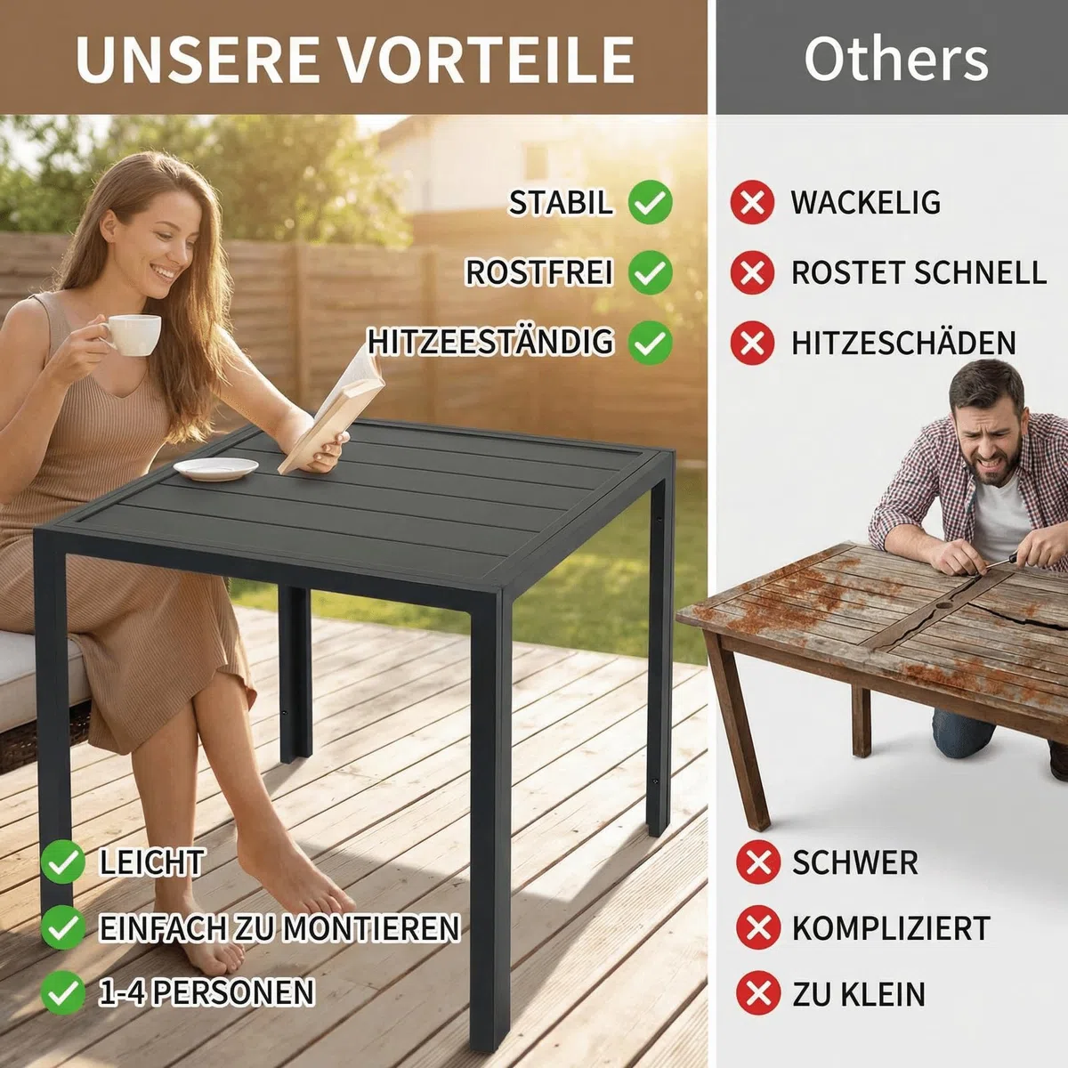 LIFERUN Gartentisch Wetterfest klein, 75x75 cm Aluminium Balkontisch | Outdoor Quadratisch Terrassentisch Vollmetalltisch für Garten, Terrasse und Balkon, Schwarz (11 cm schmales Brett)