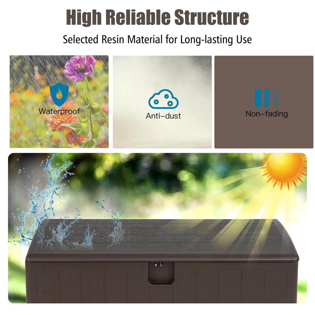HOMASIS 400L Auflagenbox wetterfest, XXL Gartenbox aus HDPE, abschließbar Aufbewahrungsbox mit Deckel & Griff, Kissenbox Kissentruhe Auflagentruhe Gartentruhe Terrassenbox Outdoor, 128x62x64cm, Braun
