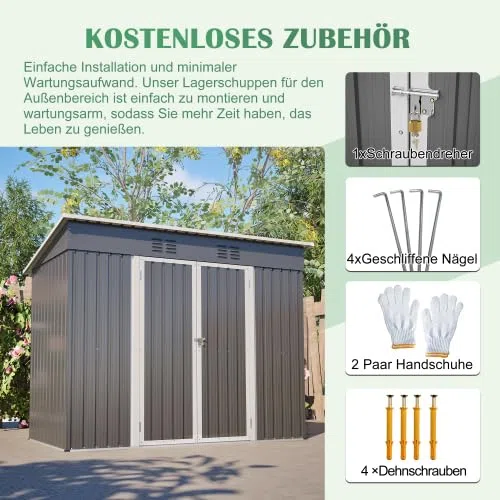 Metall Geräteschuppen 242x126x182 cm – Wetterfester Gartenschrank mit Abschließbare Tür, Schrägdach & Belüftung – Fundamentrahmen für Garten, Terrasse, Fahrrad & Mülltonnenbox (Grau)