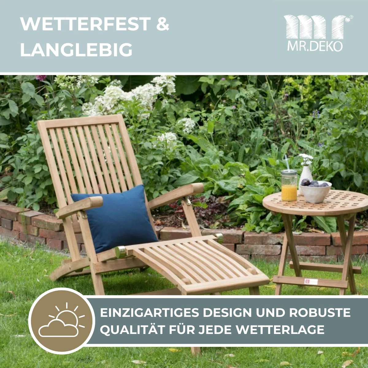 MR. DEKO Deckchair Yacht Teak Holz 170 cm | Sonnenliege Garten Klappbar | Gartenliege Wetterfest Massivholz | Deckstuhl Outdoor Teakholz Balkon | Liegestuhl Terrasse Rostfrei
