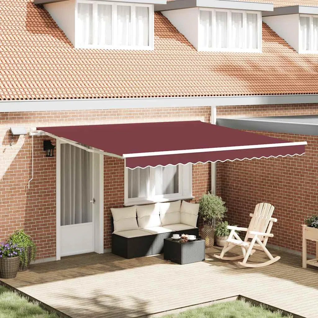 Markise manuell mit LED Beleuchtung, wasserfester UV-Schutz aus Polyester, 400x300 cm, wetterfest, ausfahrbar mit Kurbel, ideal für Terrasse Balkon Garten, weinrot, Aluminiumrahmen weiß