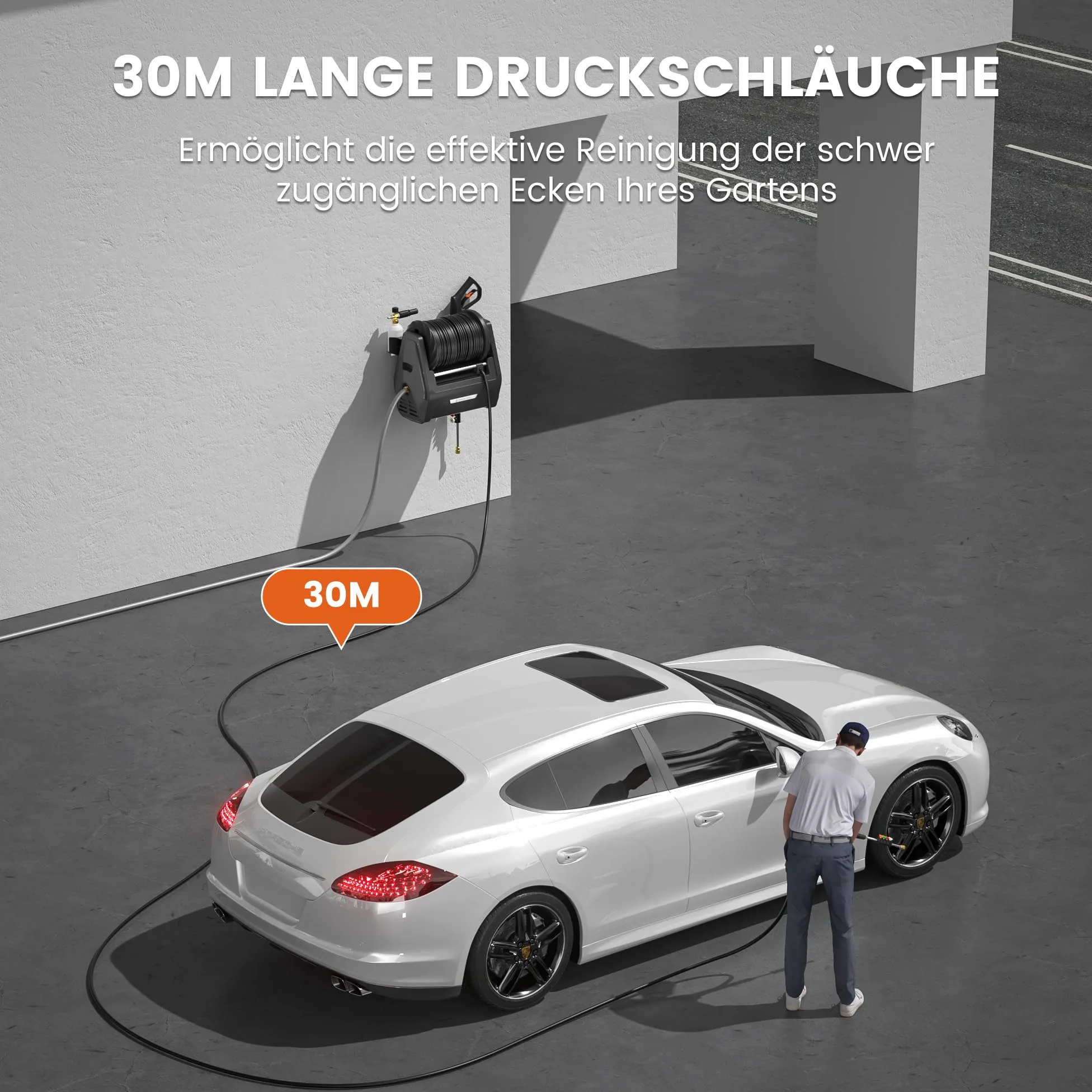 Giraffe Tools Wandmontierter Hochdruckreiniger, 1800 Watt, Max 2400 PSI, 2.0 GPM Elektrischer Wasserdruckreiniger, mit 30M Einziehbarem Schlauch, für Autos/Zäune/Garten, Schwarzer Harter Schlauch
