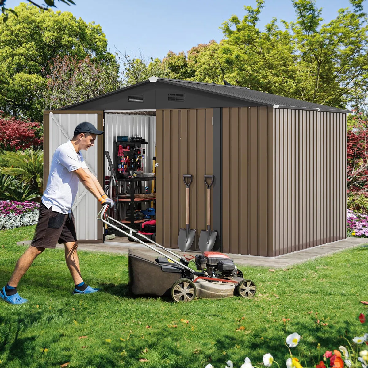 DWVO Großes Metall Gerätehaus 3x2,4 m, Stabiler Werkzeugschuppen für Garten, Terrasse & Hof, Ideal für Fahrräder, Gartengeräte & Rasenmäher, Wetterfest & Abschließbar, Braun