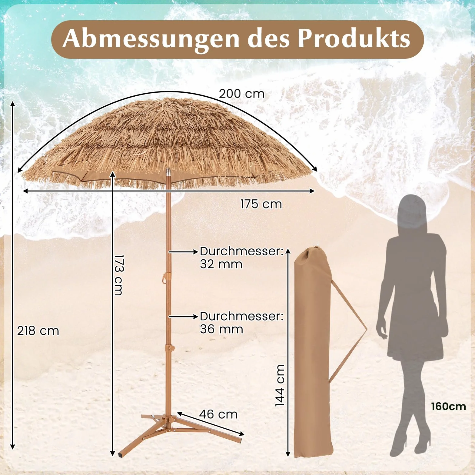 COSTWAY Sonnenschirm Hawaii, Strohschirm mit klappbarem Ständer, Strandschirm Stroh neigbar, Gartenschirm, Marktschirm, Terrassenschirm mit Tragetasche für Garten, Strand, Pool