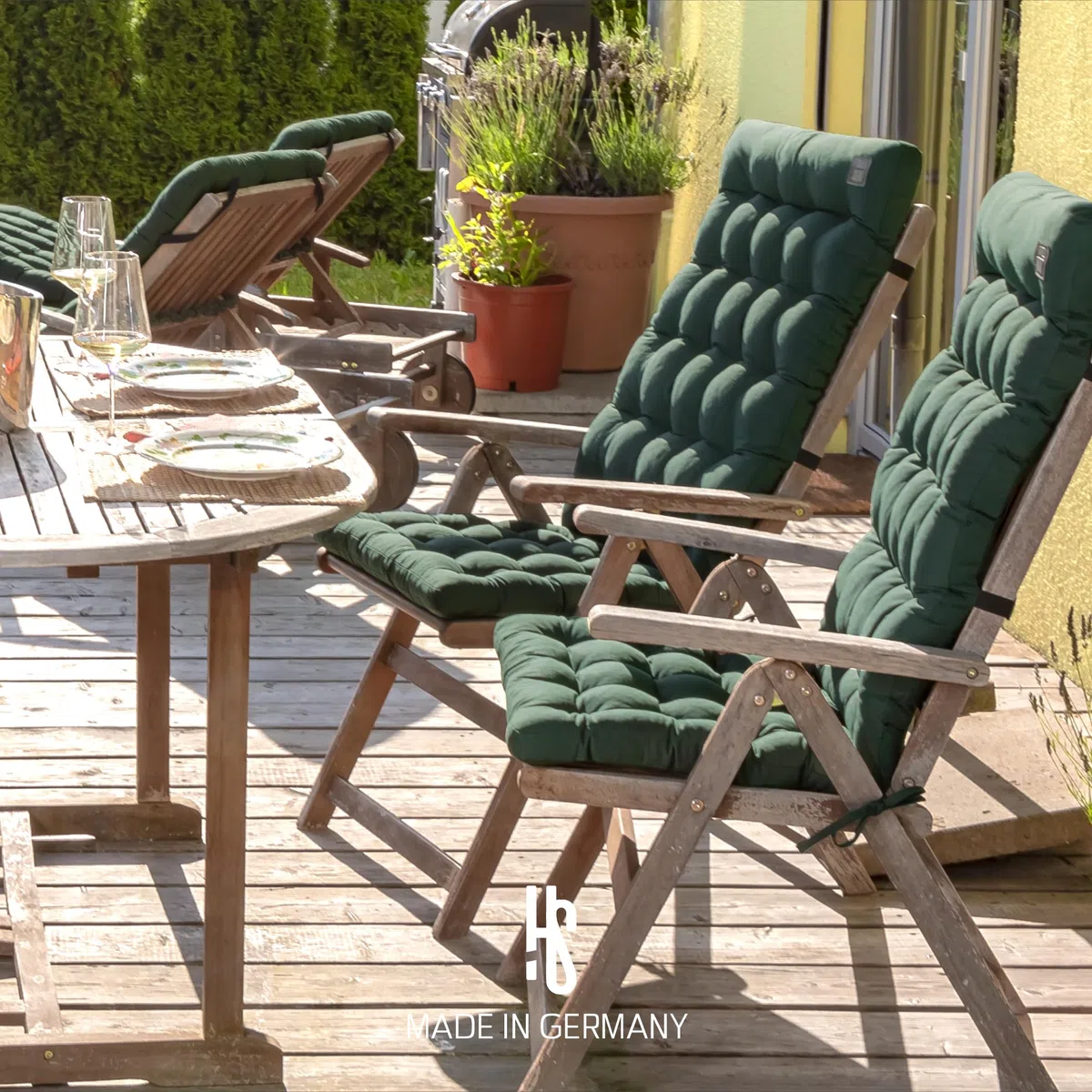 Hochlehner Auflage (1 St.) - Sitzpolster Gartenstuhl - Bequem, Wetterfest, Waschbar bis 95°C, Orthopädisch - Made in Germany (1 Stück - 120x48 cm, Moosgrün)
