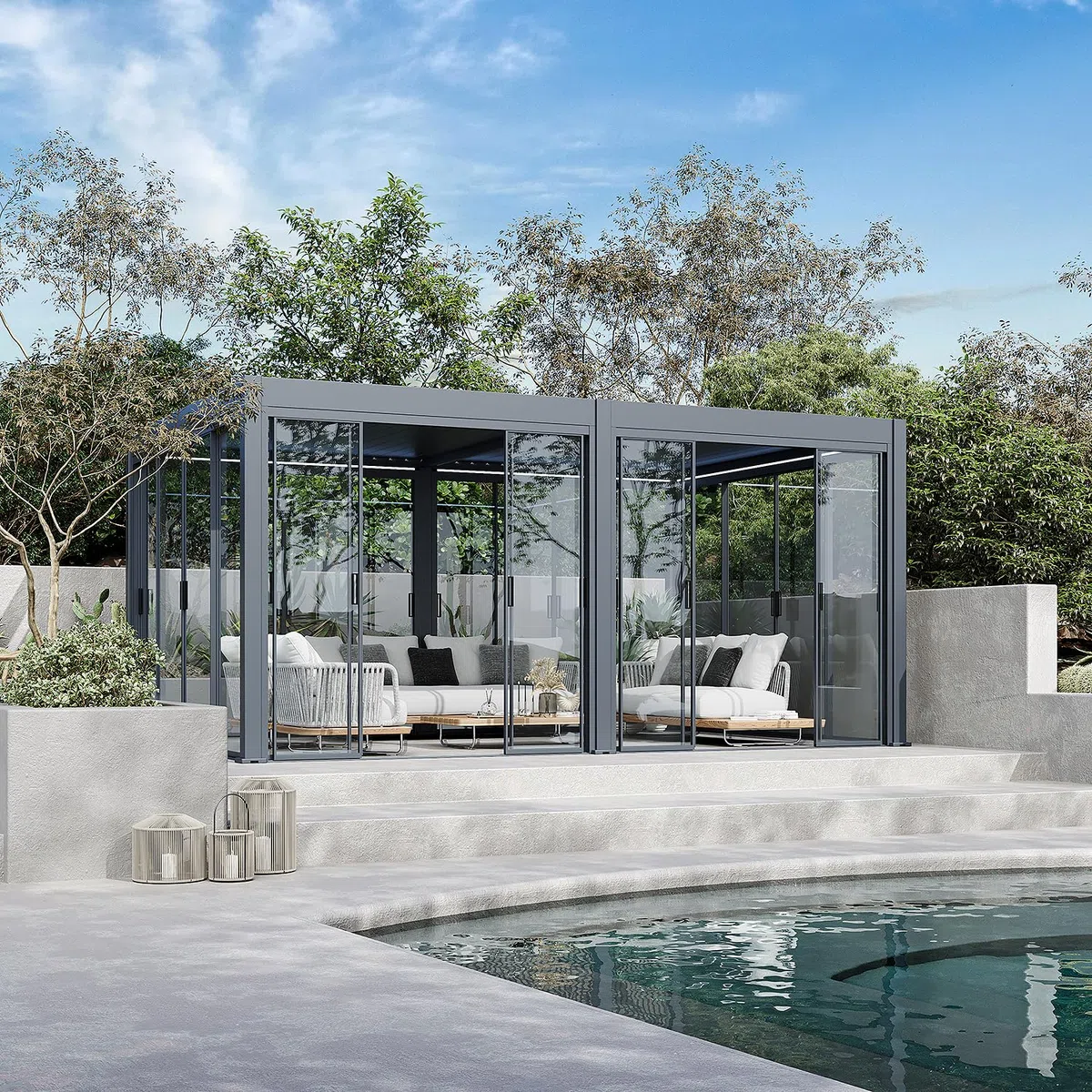 Weide Glasschiebetüren Pergola Seitenwand | Slimline Frame Glasschiebewand | Windschutz & Regenschutz aus Glas für Pavillon Garten Terrasse 2.65 x 2.35 anthrazit